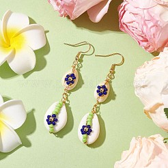 カワラヒワの花のダングルイヤリング  シードビーズと304ステンレススチールのピアスフック付き  ゴールドカラー  ブルー  70x14~15.5mm&nbsp;EJEW-MZ00250-05