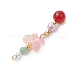 天然カーネリアンとガラスのペンダント  蝶  金色の真鍮トーンループ付き  ピンク  47x14.5x8mm  穴：1.6mm&nbsp;PALLOY-JF03192-03