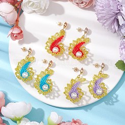 ガラスシードビーズとガラスパールビーズのコンクダングルスタッドピアスセット（女性用）  鉄パーツ  ゴールドカラー  ミックスカラー  44.5x24mm  3色  1pairs / color  3のペア/セット&nbsp;EJEW-MZ00269