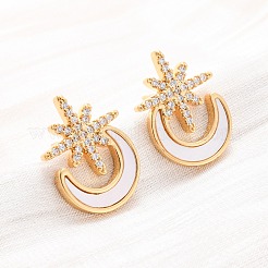 Серьги-гвоздики со звездой и луной из латуни с микропаве из прозрачных кубических цирконий&nbsp;KK-D363-18G