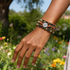 Braccialetti avvolgenti regolabili da donna con perline rotonde in agata indiana naturale e fiore in lega.&nbsp;WGB06FC-01