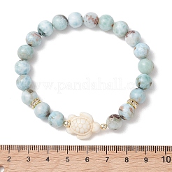 Pulseras elásticas de cuentas redondas de larimar natural y cuentas de tortuga turquesa sintética para mujeres y hombres.&nbsp;BJEW-JB13558