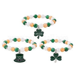 3 Stück 3-teiliges Stretch-Armband-Set aus Kunstharzimitat mit Katzenaugen-Perlen, Stapelbare Armbänder mit Hut- und Kleeblatt-Emaille-Anhängern für den St. Patrick's Day, grün, Innendurchmesser: 2-1/4 Zoll (5.6 cm), 1pc / style