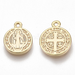 Encantos de latón, Para la religion, sin níquel, ronda plana con la medalla de san benedicto, real 18k chapado en oro, 13x10.5x1.5mm, agujero: 1 mm