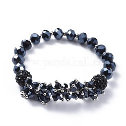 Bracelets élastiques en verre facetté, avec perles rondes de strass en argile polymère et intercalaires perles en 304 acier inoxydable, noir, 1-7/8 pouce (4.8 cm)