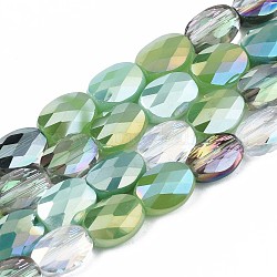 Abalorios de vidrio electroplate hebras, color de ab chapado, facetados, oval, verde amarillo, 8x6x4mm, agujero: 1.2 mm, aproximamente 69~70 pcs / cadena, 22.83~23.03 pulgada (58~58.5 cm)