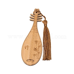Instrument de musique ancien pipa signet de style chinois avec des glands pour les amoureux des livres, signet en bambou gravé de caractères et de dessins chinois, burlywood, motif de bambou, 120.5x39.5x2.3mm