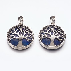 Natural Lapis Lazuli Pendants, with Brass Finding, Flat Round with Tree of Life, Platinum, 31x27x6mm, Hole: 5x8mm