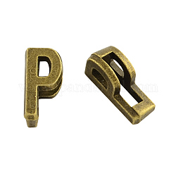 Tibetan Style Alloy Letter Slide Charms, Cadmium Free & Nickel Free & Lead Free, Letter.P, 11x2~8x4mm, Hole: 7x2mm, about 1135pcs/1000g