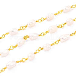 3.28 Feet Handmade CCB Plastic Imitation Pearl Beaded Chains, with Brass Findings, Soldered, Long-Lasting Plated, Rice, Golden, 14x4~4.5mm