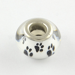 大きな穴の犬の足跡模様の樹脂ヨーロッパのビーズ  シルバーカラーメッキ真鍮二重コアを持つ  ロンデル  ホワイト  14x9~10mm  穴：5mm