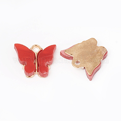 Charms in acrilico, con accessori in lega, farfalla, oro, rosso, 12.5x14.5x2.5mm, Foro: 1.5 mm