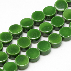 Abalorios de porcelana hechas a mano, porcelánico esmaltado brillante, plano y redondo, verde, 8~8.5x4~4.5mm, agujero: 2 mm