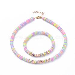 Heishi Beads Stretch Bracelets & Necklaces Sets, with Handmade Polymer Clay, Non-magnetic Synthetic Hematite Heishi Beads and Iron Chain Extender, Golden, Colorful, 2-1/8 inch(5.5cm), 14.96 inch(38cm), 2pcs/set