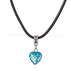 Heart with Fish Scale Shape 304 Stainless Steel with Resin Pendant Necklaces, with Imitation Leather Cords, Deep Sky Blue, 17.52 inch(44.5cm)