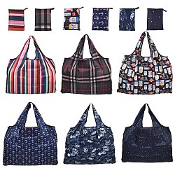 6pcs 6 styles de sacs d'épicerie en nylon écologiques pliables, sacs fourre-tout imperméables réutilisables, avec pochette et anse de sac, Modèles mixtes, 52.5x60x0.15 cm, 1pc / style