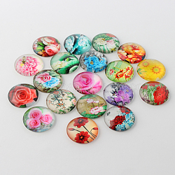 Fleurs imprimés cabochons de verre, demi-rond / dôme, couleur mixte, 12x4mm