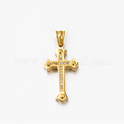 304 Stainless Steel Rhinestone Cross Pendants, Real 18K Gold Plated, 28x15x3.5~4mm, Hole: 5~10x5~5.5mm