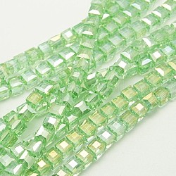 FilI di perline in vetro placcato, ab colore placcato, sfaccettato, cubo, verde chiaro, 4x4x4mm, Foro: 1 mm