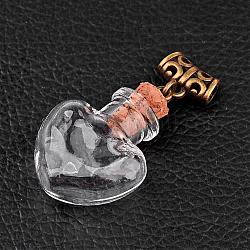 Coeur pendentifs de bouteilles en verre pour les contenants de perles, avec tampons et bélières en tube d'alliage, bronze antique, clair, 42x21x11mm, Trou: 3mm, Capacité de la bouteille: 1 ml (0.03 oz liq.)