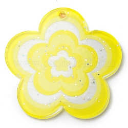 Pendenti in acrilico con polvere glitterata, fiore, giallo, 30.5x31.5x1.8mm, Foro: 1.8 mm