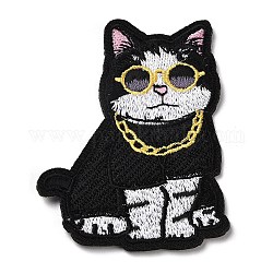 Katze mit Halskette und Brillenapplikationen, Computergesteuerte Stickerei Stoff zum Aufbügeln / Aufnähen von Patches, Kostüm-Zubehör, Schwarz, 75.5x55.5x1.5 mm