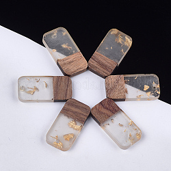 Pendentifs en bois de résine et de noyer, une feuille d'or, rectangle, clair, 26.5x13x3~4mm, Trou: 1.8mm