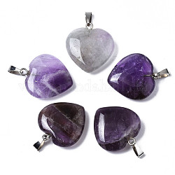 Natural Amethyst Pendants, with Platinum Plated Brass Snap On Bails, Heart, 22~23x20~21x6mm, Hole: 7x2mm