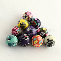 Perles en pâte polymère avec motif de fleurs manuelles, ronde, couleur mixte, 13~14mm, Trou: 1~2mm