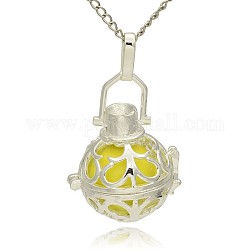 Silver Color Plated Brass Hollow Round Cage Pendants, with No Hole Spray Painted Brass Round Beads, Champagne Yellow, 33x24x21mm, Hole: 3x8mm