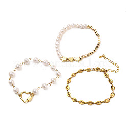 Bracelets en perles et bracelets à maillons et ensembles de bracelets en chaîne, avec des perles de nacre naturelle, perles en laiton et mousqueton à verrouillage coeur, 304 fermoirs à pince de homard en acier inoxydable et chaînes à grains de café, or, diamètre intérieur: 2-1/4 pouce (5.6 cm), 6-7/8 pouce (17.5 cm), 7-1/4 pouce (18.5 cm), 3 pièces / kit