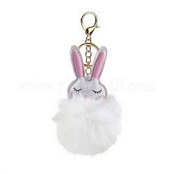 Porte-clés en cuir pu lapin mignon et imitation boule de fourrure de lapin rex, avec fermoir en alliage, pour la décoration de clé de voiture de sac, blanc, 16.5~16.9 cm
