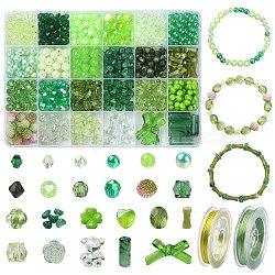 DIY Bracelet Making Kit, Including Acrylic & Plastic Pearl Beads, Bicone & Bamboo Stick & Cube & Chips & Bear & Bowkont, Green, 710Pcs/set