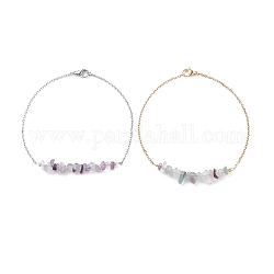 2pcs bracelets de cheville en perles de fluorite naturelle de 2 couleurs avec 304 chaînes de câbles en acier inoxydable, bijoux en pierres précieuses pour femmes, 9.84 pouce (25 cm), 1 pc / couleur