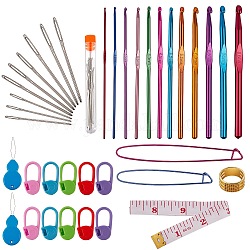 Sewing Tool Sets, with Zinc Alloy Thimble Rings, Aluminum Stitch Holder & Crochet Hooks Needles, Plastic Markers Holder & Needle Threaders, Stainless Steel Needles, PU Iron Soft Tape Measure, Mixed Color