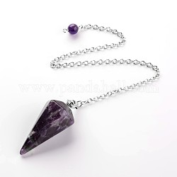 Platinum Tone Brass Amethyst Cone Hexagonal Pointed Dowsing Pendulums, with Lobster Claw Clasps, 230x3mm
