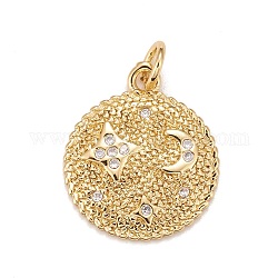 Brass Micro Pave Cubic Zirconia Pendants, Real 18K Gold Plated, Lead Free & Cadmium Free, Flat Round with Star & Moon, Clear, 18x15.5x2mm, Hole: 3mm