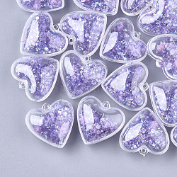 Plastic Pendants, with Dried Flower & Rhinestone, Heart, Lilac, 29x30x18mm, Hole: 1.8mm