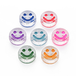 Transparent Acrylic Beads, Horizontal Hole, with Glitter Powder & Enamel, Flat Round with Smile Face, Mixed Color, 10x5mm, Hole: 2mm, about 1600pcs/500g