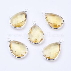 Silver Color Plated Brass Glass Teardrop Pendants, Faceted, Champagne Yellow, 18x10x5mm, Hole: 2mm