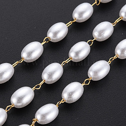 304 cadenas de perlas de imitación de plástico abs y acero inoxidable, soldada, con carrete, oval, real 16k chapado en oro, 6.5x4.5mm, aproximadamente 65.62 pie (20 m) / rollo