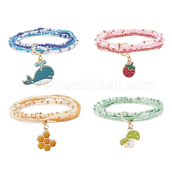 4Pcs 4 Style Glass Seed Beaded 4 Layer Multi-strand Bracelets Set, Whale & Strawberry & Honeycomb Alloy Enamel Charms Stackable Bracelets for Women, Mixed Color, Inner Diameter: 2-1/4 inch(5.85cm), 1Pc/style