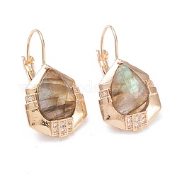 Natural Labradorite Leverback Earrings, with Golden Plated Brass Findings and Clear Cubic Zirconia, Faceted, Teardrop, 32mm, Pin: 0.9mm, Pendants: 20x16.5x5mm