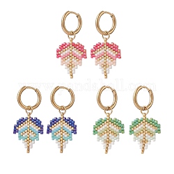 3 Pair 3 Color Glass Seed Braided Leaf Dangle Hoop Earrings, Golden 304 Stainless Steel Jewelry for Women, Mixed Color, 37mm, Pin: 1mm, 1 Pair/color