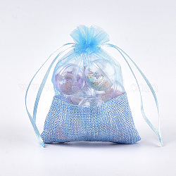Sacs en organza, avec toile de jute, sacs à cordonnet, rectangle, bleuet, 13.2~14.2x9.6~10.2 cm