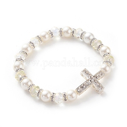 Perle di vetro Placchi allungano i braccialetti, con perline rhinestone in lega, perle tonde di vetro e perle distanziali in ottone, croce, beige, 2-1/4 pollice (5.8 cm)