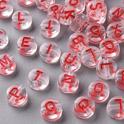 Perles acryliques transparentes transparentes, trou horizontal, plat rond avec lettre aléatoire, firebrick, 7x4mm, Trou: 1.6mm, environ 3700 pcs/500 g