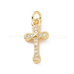 Ottone micro spianare pendenti zirconi, con anello di salto, fascino croce di religione, oro, 15.5x8x2mm, Foro: 2.8 mm
