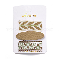 Cloth Snap Hair Clips Set, with Platinum Iron Snap Clips, Rectangle & Oval, with Heart & Leaf Pattern, Tan, 59~70x21~24x2~5.5mm, 3pcs/set