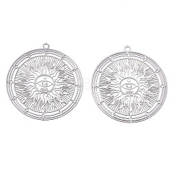 201 Stainless Steel Filigree Pendants, Etched Metal Embellishments, Flat Round with Sun, Stainless Steel Color, 32.5x30x0.3mm, Hole: 1.6mm